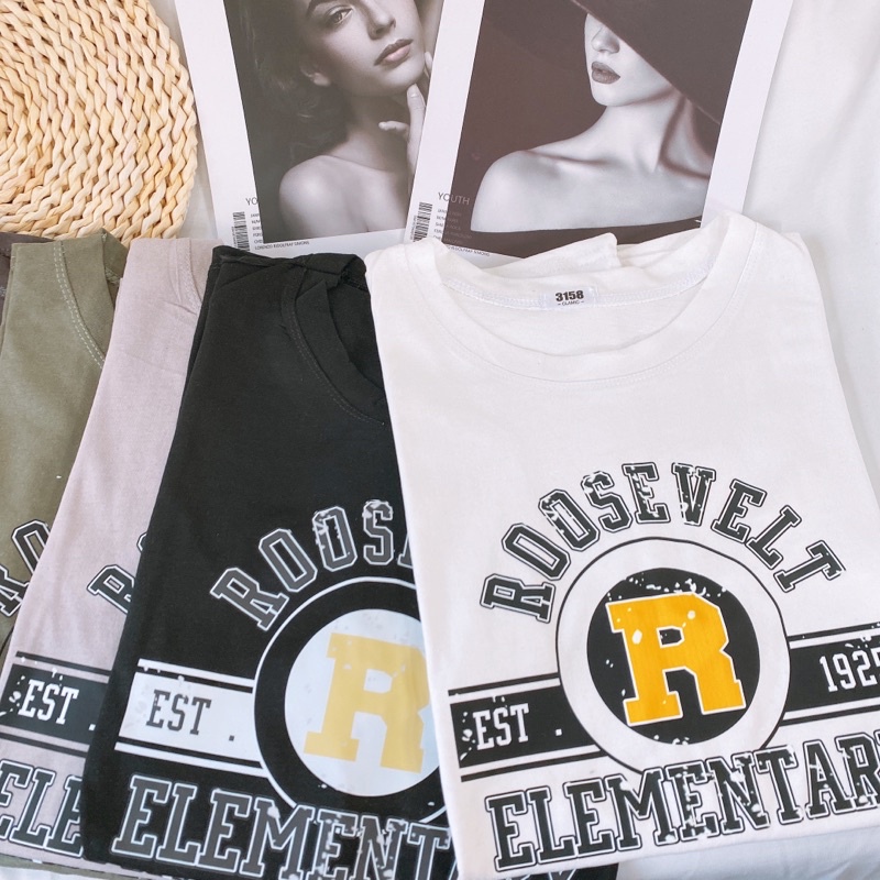 Áo phông 3158, áo thun tay lỡ form rộng chất cotton in hình R vàng