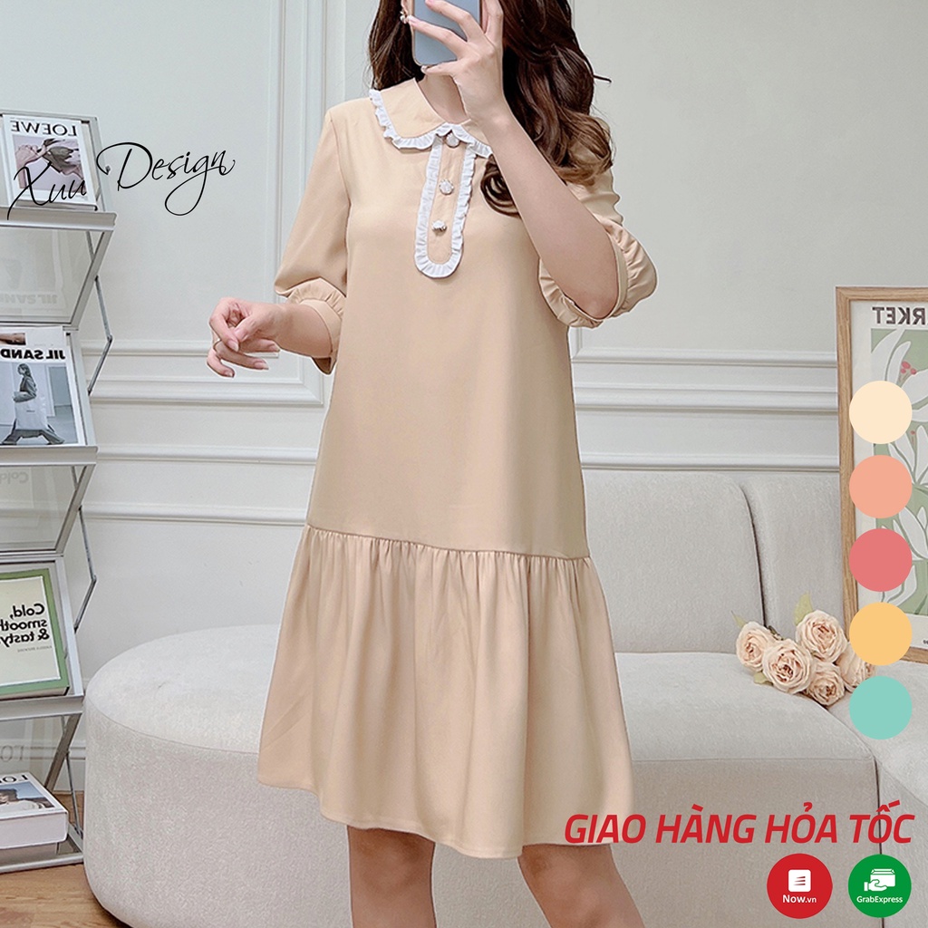 Váy nữ thiết kế XUU dáng babydoll tay lỡ cổ phối viền thanh lịch vải tơ mềm mịn - V13