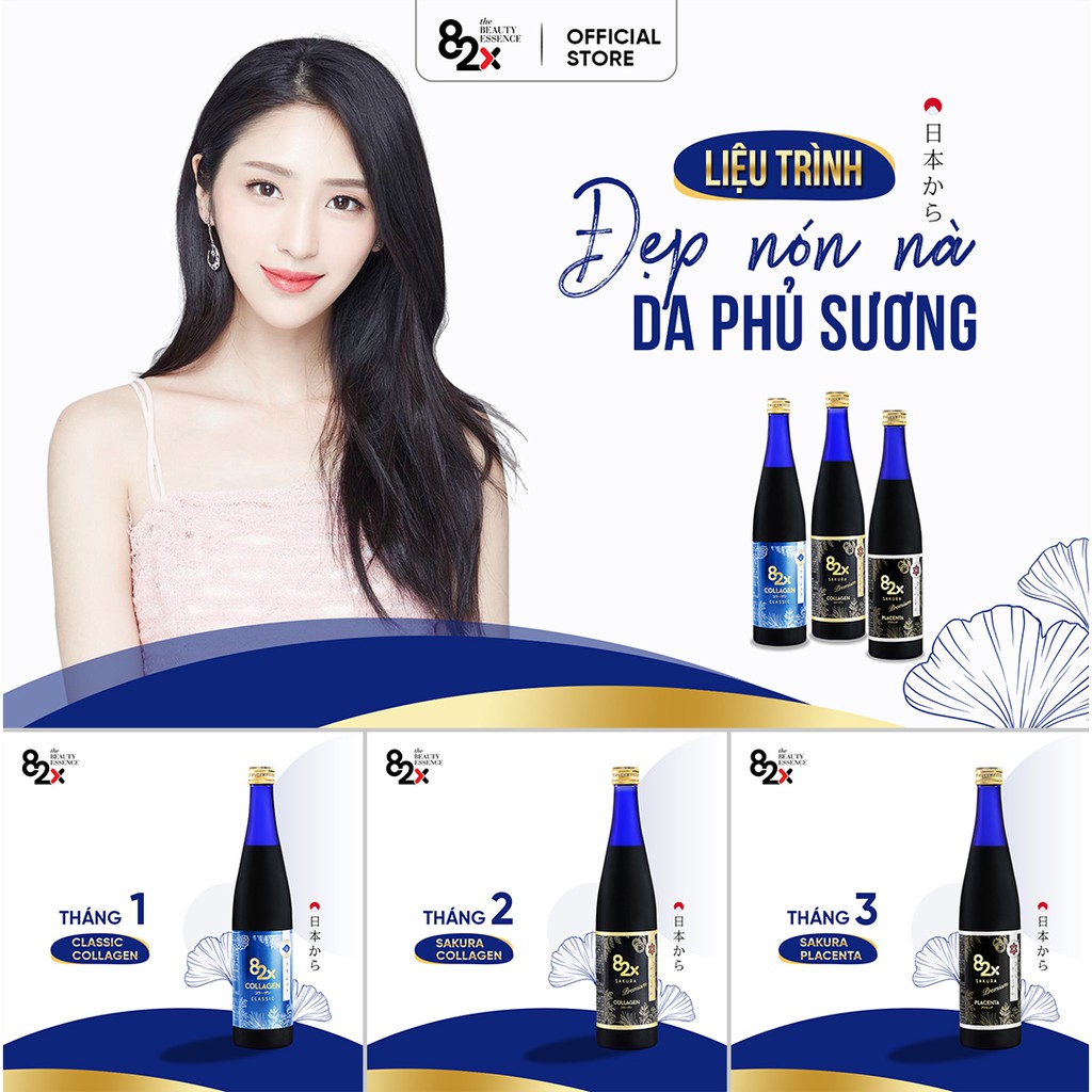 Collagen 82X Da Trắng Căn Mướt gồm 3 Chai: COLLAGEN + SAKURA COLLAGEN + SAKURA PLACENT Nước Uống Đẹp Da Nhật 500ml/chai.