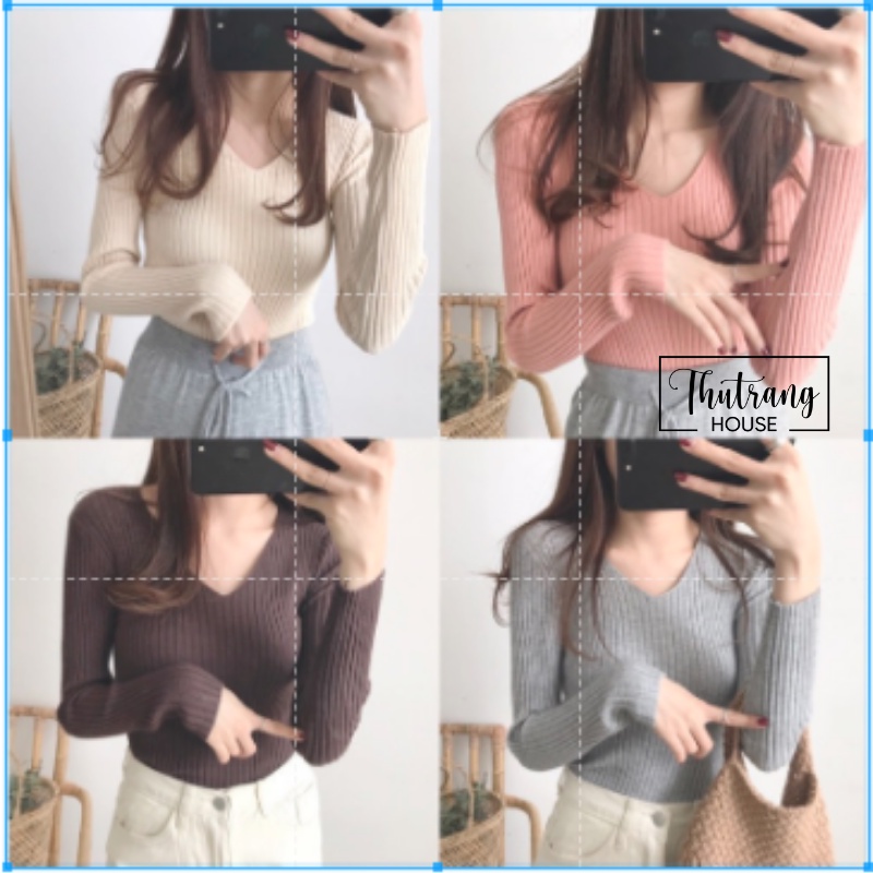 Áo len tăm cổ V Quảng Châu, áo len mỏng cổ V ôm body nhiều màu sắc