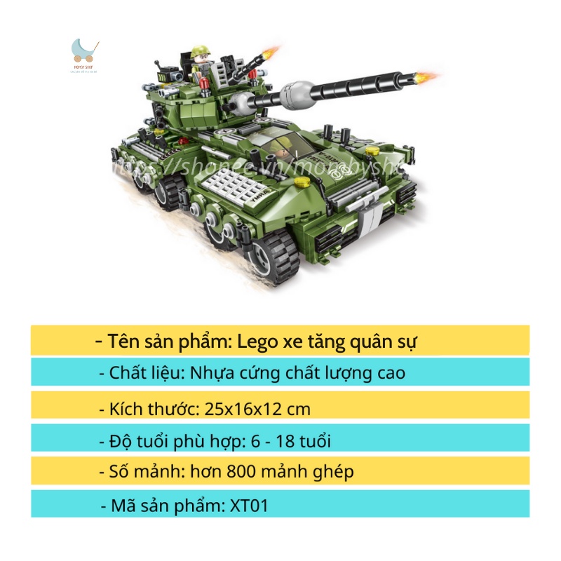 Bộ đồ chơi Lego xếp hình xe tăng, xe bọc giáp, Mô hình lắp ráp xe chiến đấu quân độ, Hơn 800 chi tiết với 27 tạo hình