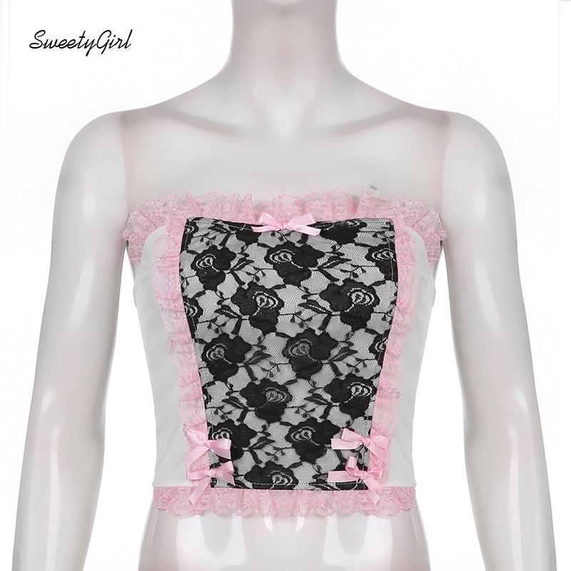 Áo Ống Phối Ren Đính Nơ Màu Sắc Tương Phản 2022 Thời Trang