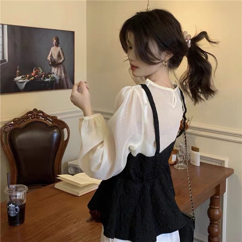 Áo kiểu phụ nữ áo babydoll chít eo phong cách Hàn Quốc Sẵn Áo Trắng