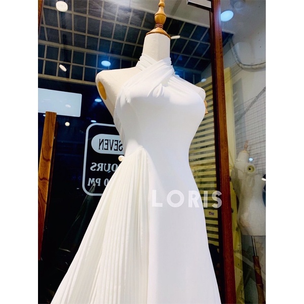 Đầm đi tiệc cổ yếm phối tà dập ly cánh quạt màu trắng đủ size | BigBuy360 - bigbuy360.vn