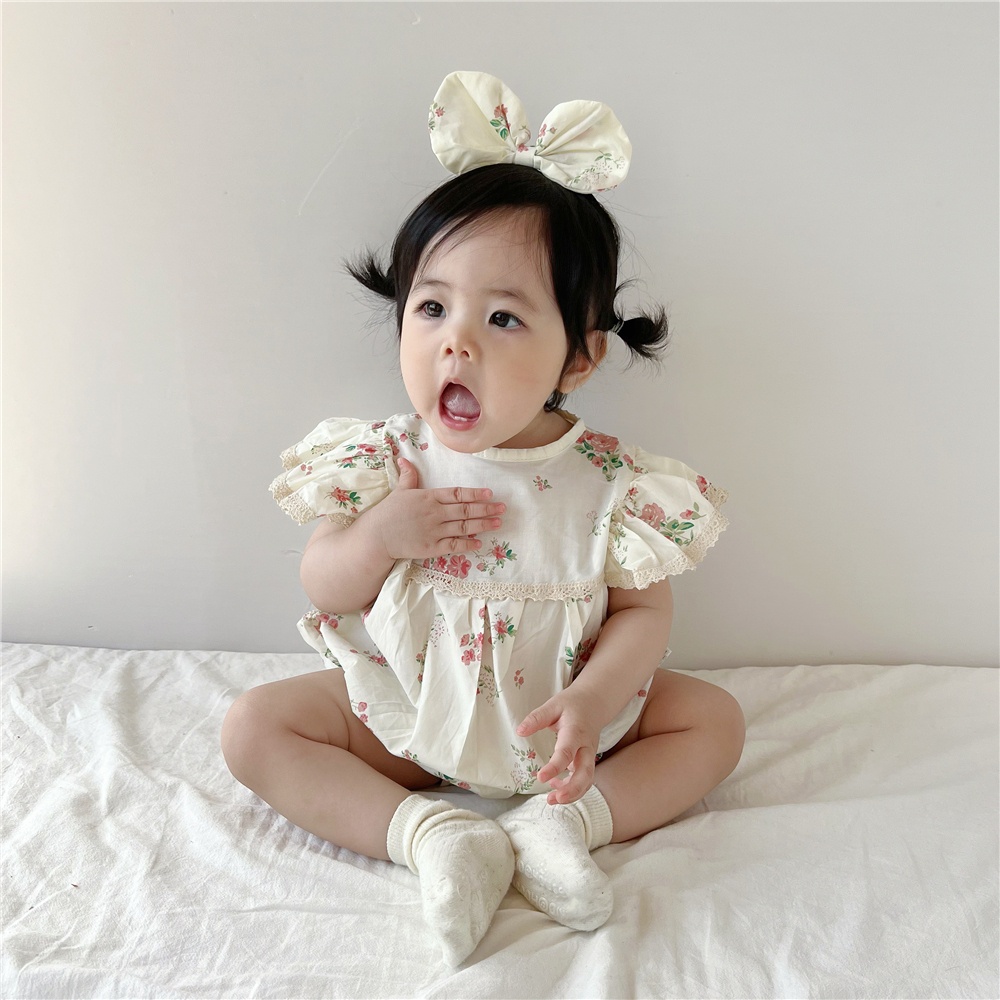 Bộ Áo Liền Quần Tay Cánh Tiên In Hoa + Băng Đô Cài Tóc Cho Bé Gái