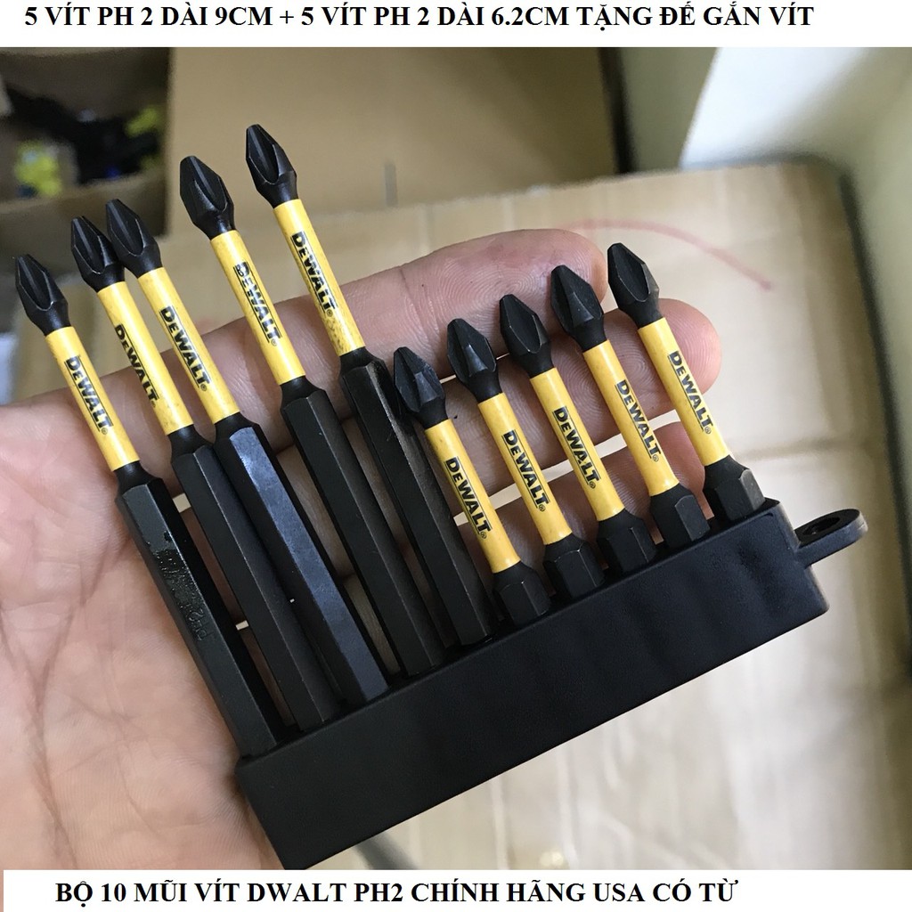 Trọn Bộ 10 Mũi Vít Dewalt Hàng Nhập Mỹ Ph2 kèm đế gắn vít