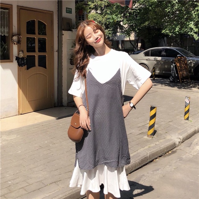 [CÓ SẴN] Đầm thun suông ngắn tay phối váy voan hai dây chấm bi cá tính Hàn Quốc ulzzang | BigBuy360 - bigbuy360.vn