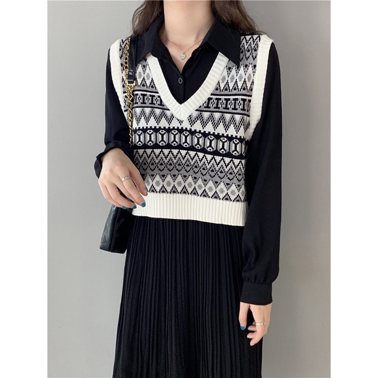 Áo gile len nữ Họa tiết thổ cẩm form rộng Cổ V Hàn Quốc Gile len khoác nữ retro Cổ tim Vintage Thời trang