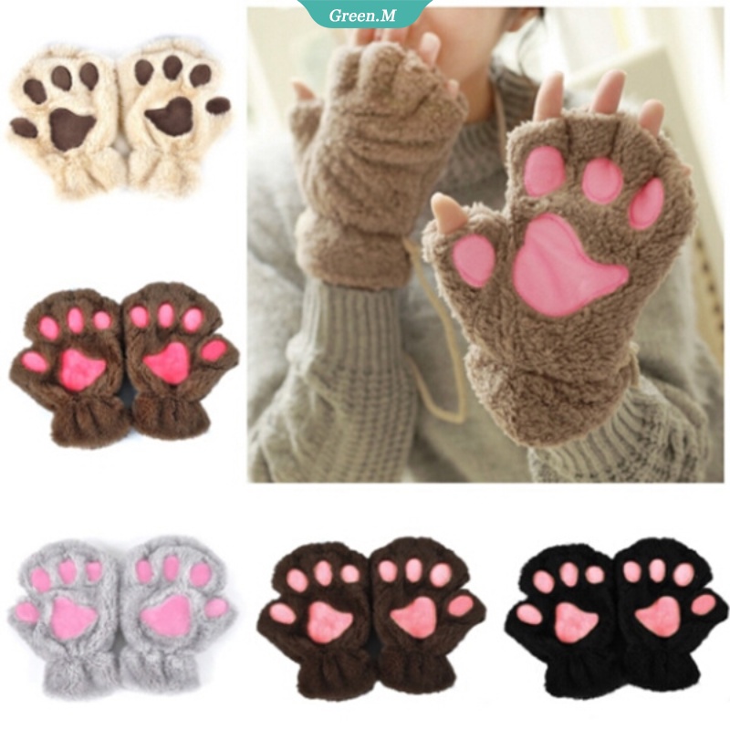 Găng Tay Hở Ngón Hình Chân Mèo Phủ Lông Mềm Mại Thời Trang Cho Nữ