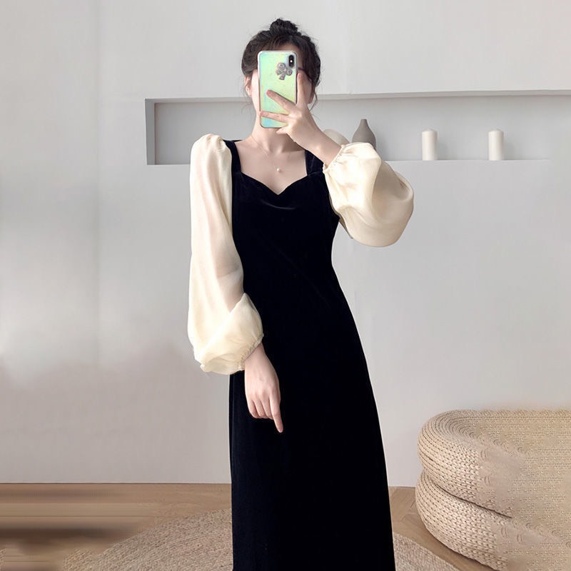 Váy Nhung Cổ V Phối Tay Be Đầm Dự Tiệc Dáng Suông Thanh Lịch Cho Nữ