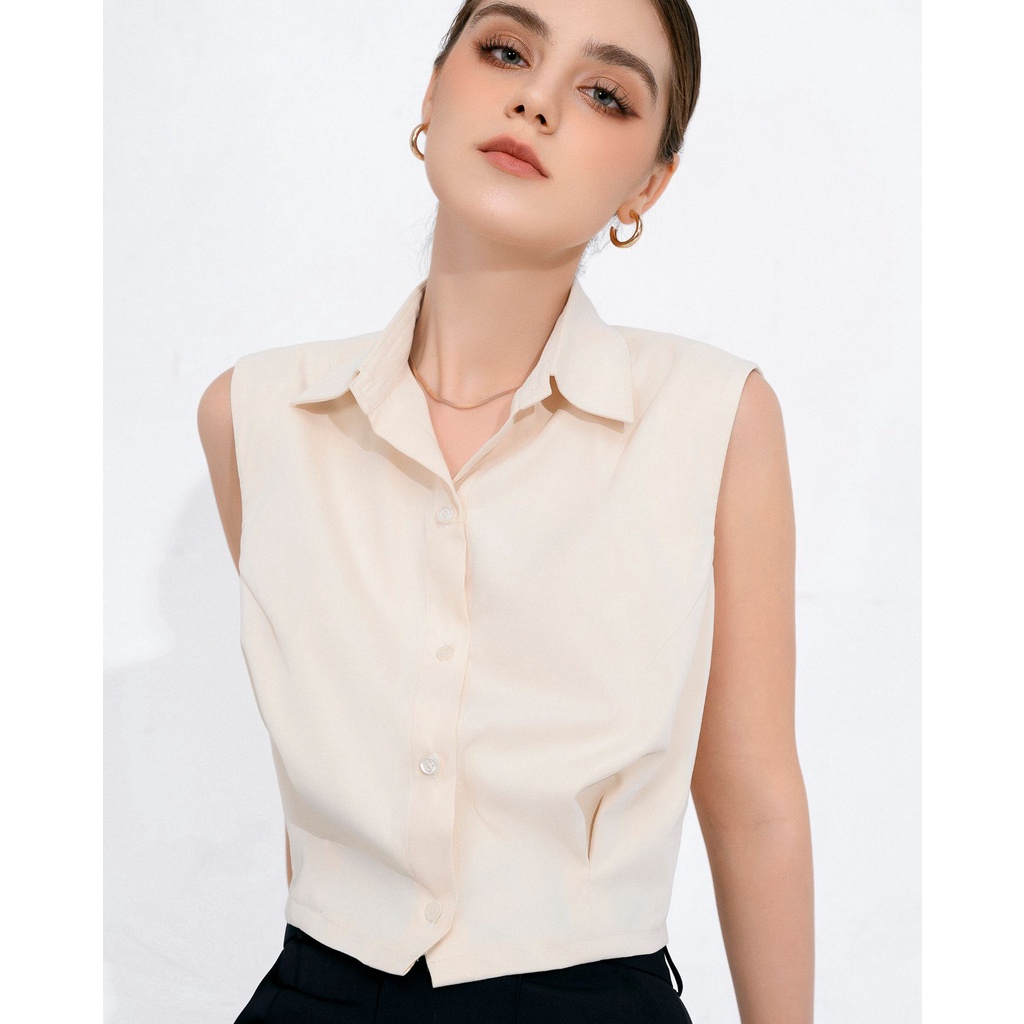 Áo Sơ Mi Khoét Tay ONMIX - Linda Shirt - Vải Thô Hàn - Màu Beige