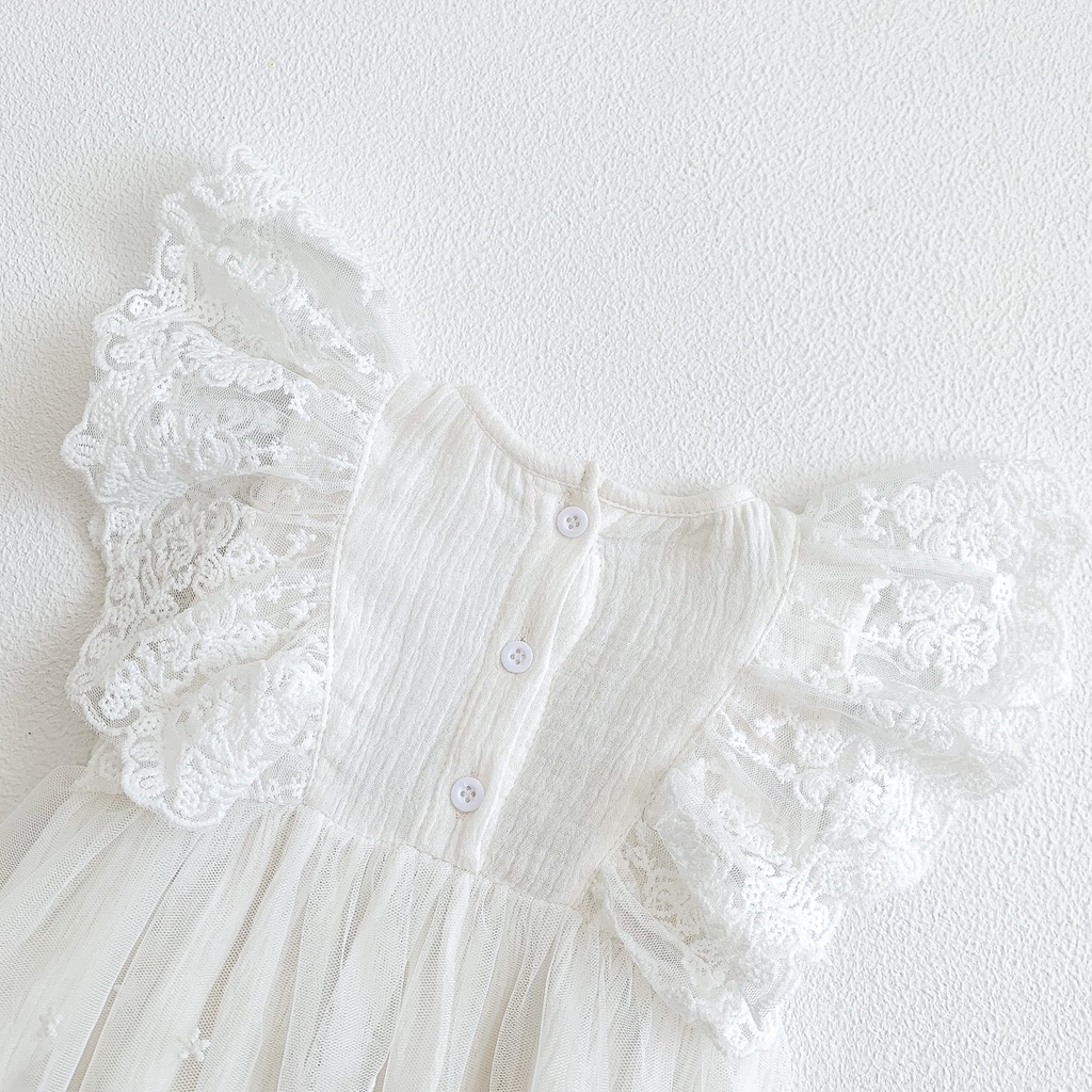 Đầm Công Chúa Một Mảnh Vải Cotton Phối Ren Lưới Màu Trắng Dễ Thương Dành Cho Bé Gái