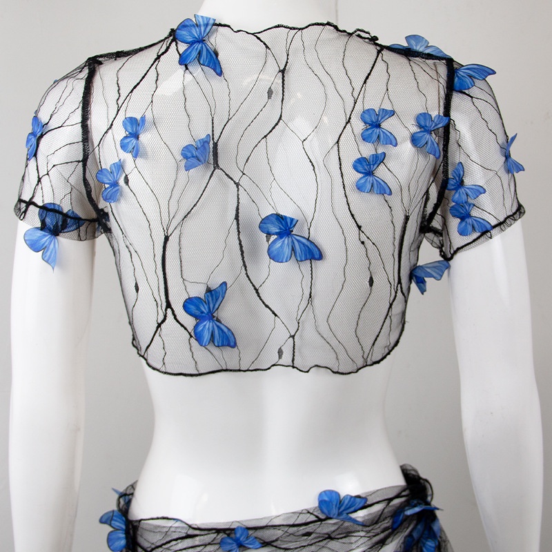 Hitpop-Women´s Bikini Cover-up Set Mesh Sheer Three-dimensional Butterfly Decoration Short Sleeve Crop Tops Tie-up