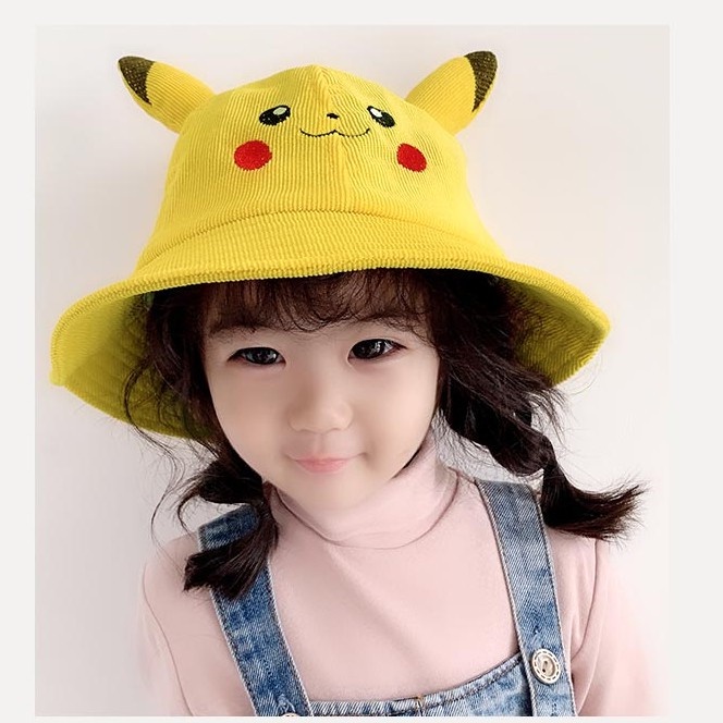 Nón tai bèo trẻ em Pikachu nhung  thiết kế dây quay cố định, mũ bucket chống nắng cho bé trai/bé gái - BL135