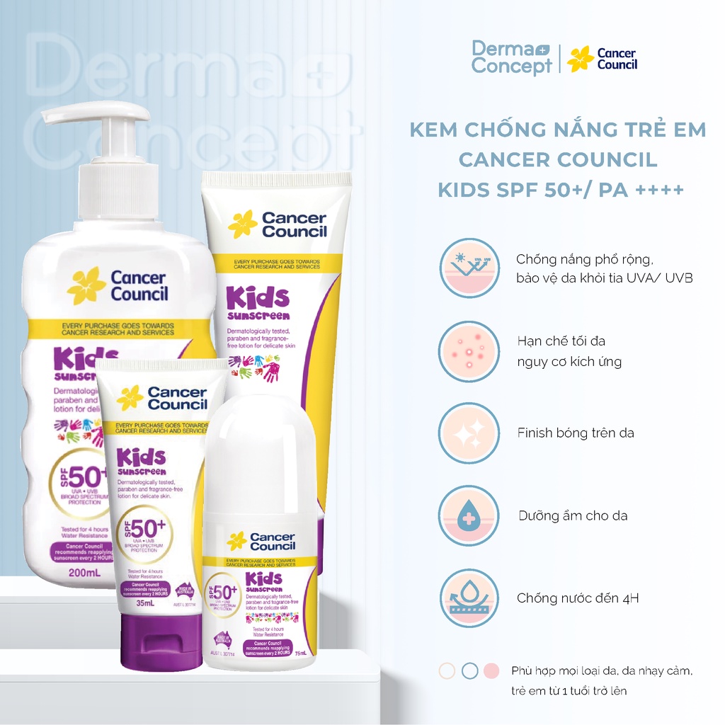 Kem chống nắng Trẻ em Cancer Council Kids SPF 50+/ PA ++++ 35ml/ 75ml/ 110ml/ 200ml