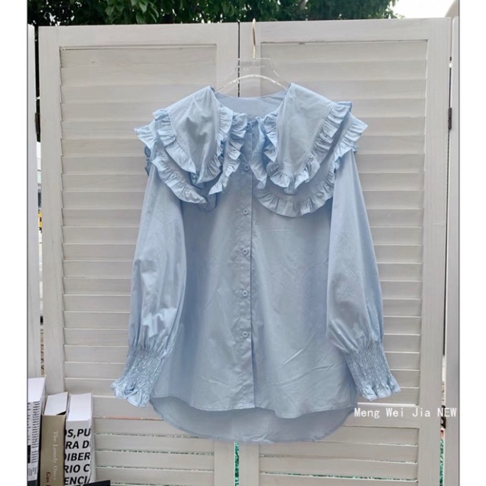Áo Sơmi Cổ Bèo Tay Phồng Tiểu Thư Tay Bo Chun_A016 mầu trắng, babydoll ulzzang mềm nội y xanh