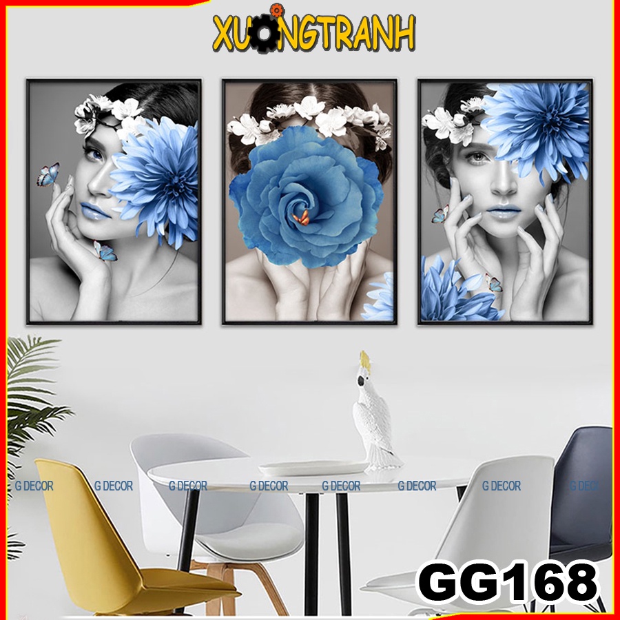 Tranh treo tường canvas 3 bức phong cách Bắc Âu 168, tranh cô gái trang trí phòng khách, phòng ngủ, phòng ăn,spa