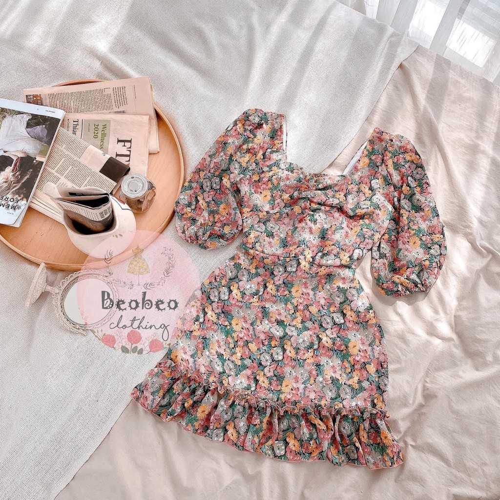Đầm voan hoa chân bèo tay bo phồng thắt nơ vintage