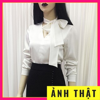 Áo sơ mi trắng dài tay 💖 Ảnh thật💖 Áo trắng nữ thắt nơ vải lụa phom suông