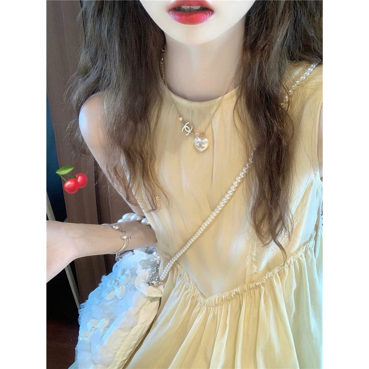 M323 - Váy midi voan tơ cổ tròn không tay 2 tầng dáng suông xinh xắn