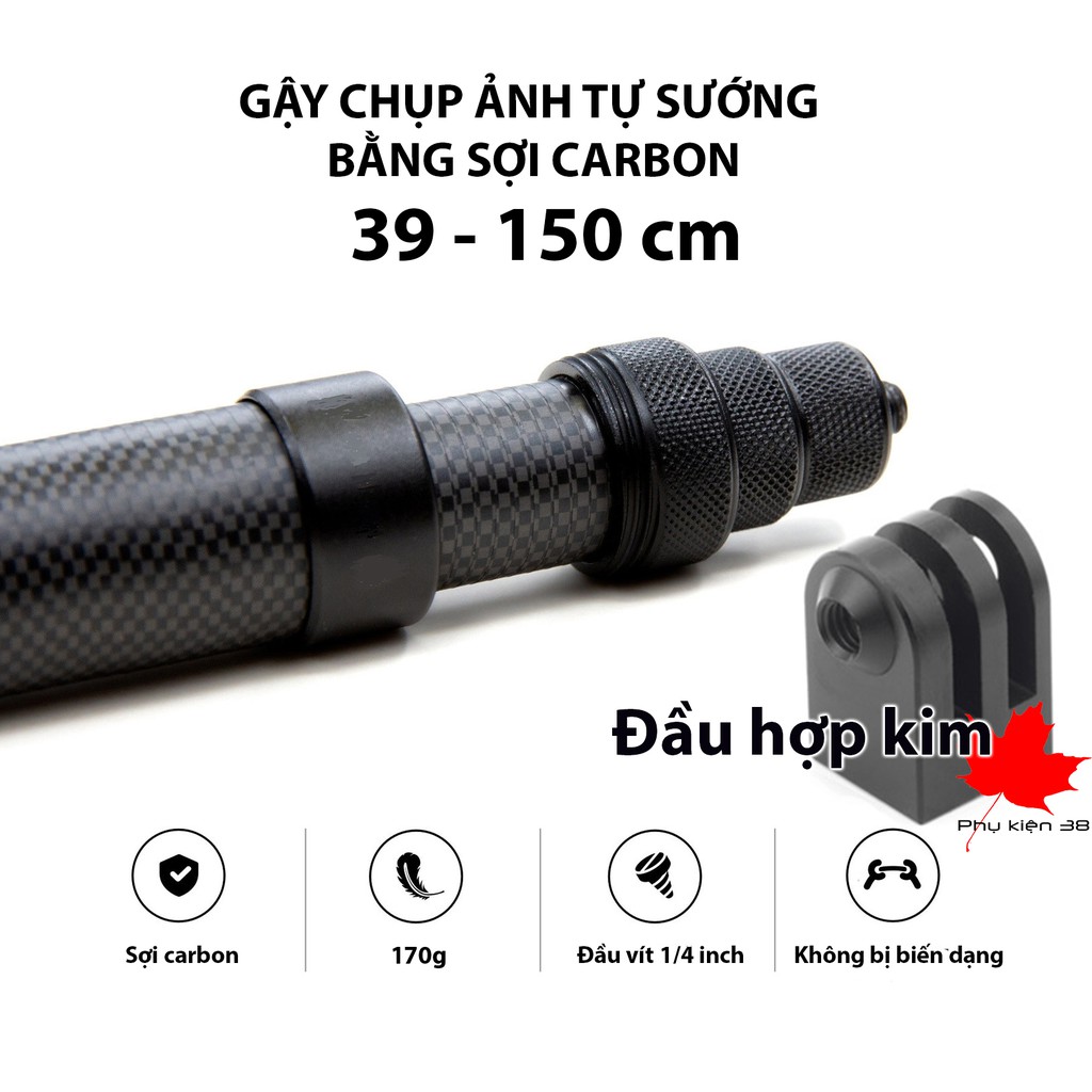 Gậy chụp ảnh, gậy selfie carbon 1.5m có đầu nối hợp kim nhôm dùng cho gopro, sjcam, điện thoại ...