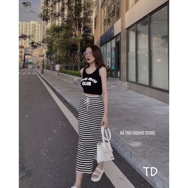 Sét len áo sát nách miu+ chân váy kẻ hàng QC