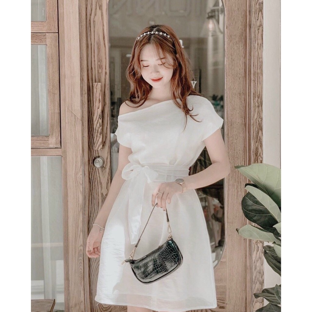Đầm Suông Nữ Lệch Vai Cột Eo, Đầm Chữ A Màu Trắng Sang Trọng