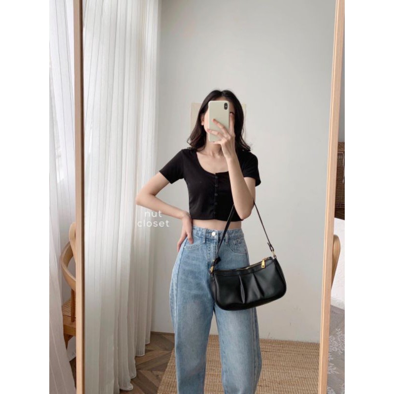 [ có video hình thật ]Áo Croptop Ôm Body ̀̀̀̀̀5 Nút Tay Ngắn | BigBuy360 - bigbuy360.vn