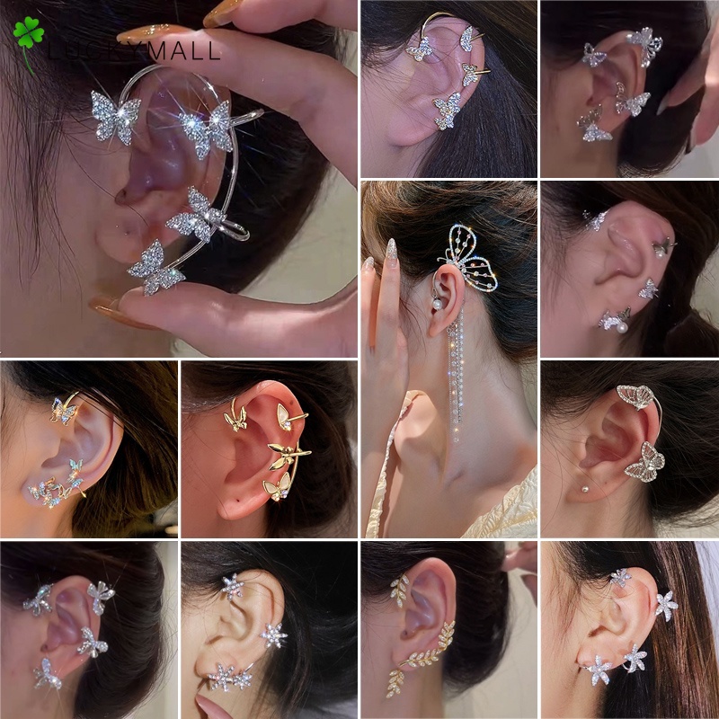 Bông tai kẹp kim loại hình bướm đính kim cương giả thời trang