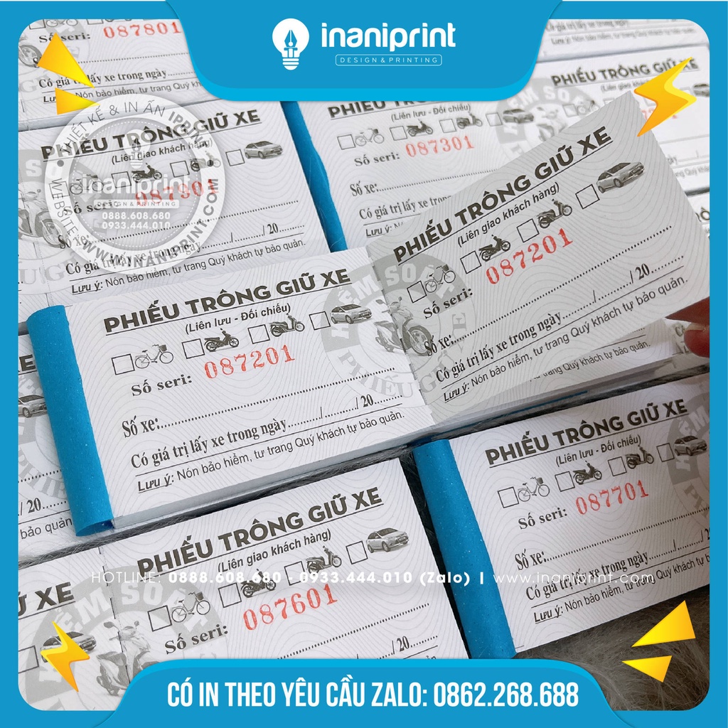 Phiếu giữ xe in sẳn, thẻ giữ xe có in sẳn số nhảy, Phiếu giữ xe gắn máy, Phiếu giữ xe Oto - Size: 15x5cm - Có số nhảy
