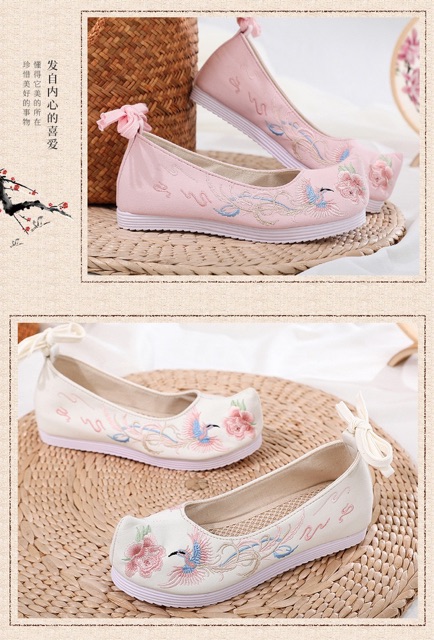 CÓ SĂN - Giày Thêu Phượng Hoàng Mũi Hếch Trung Hoa Màu Trắng