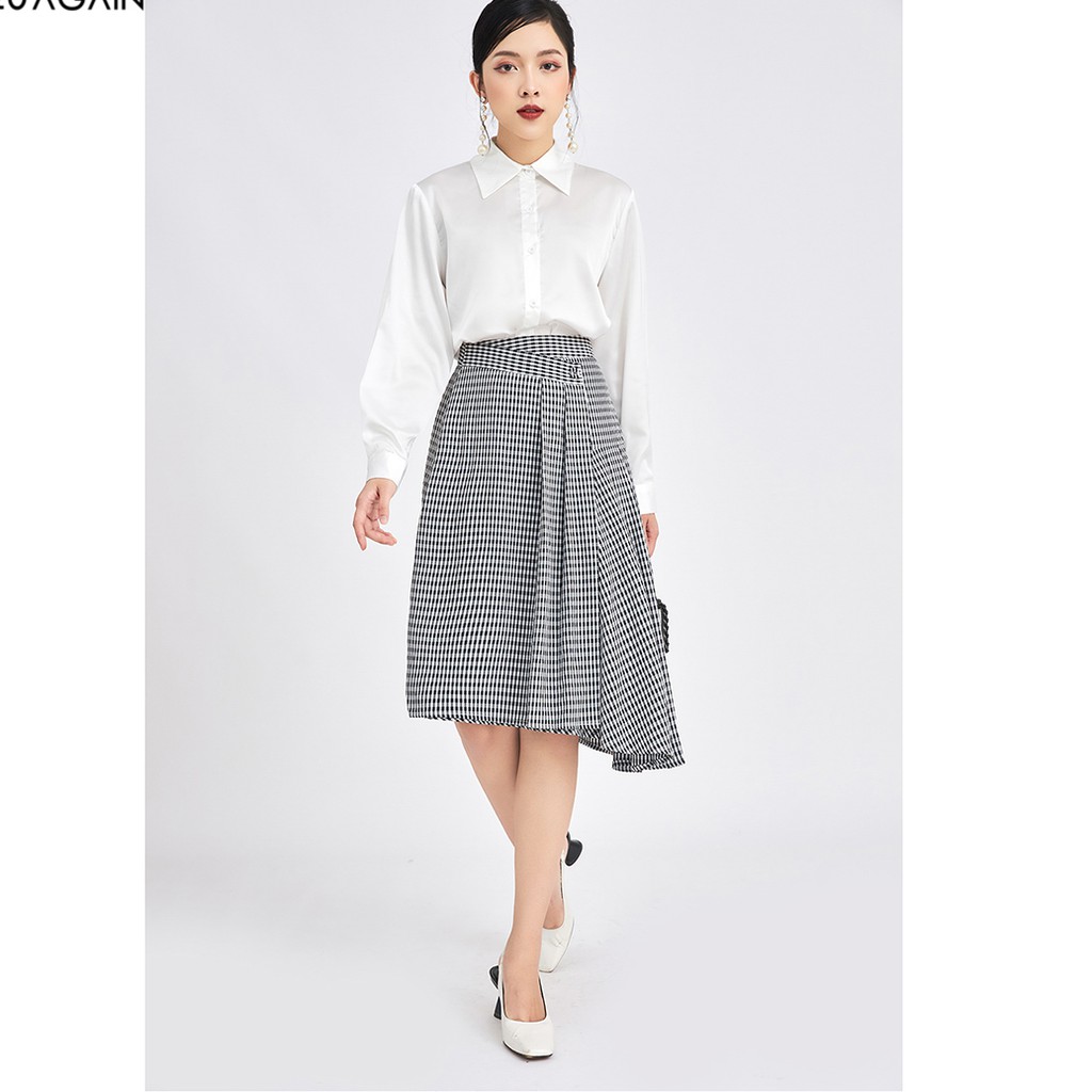 Chân váy nữ midi 92WEAR 3 MÀU, dáng A xếp ly vạt lệch kẻ caro JAA1331 | BigBuy360 - bigbuy360.vn