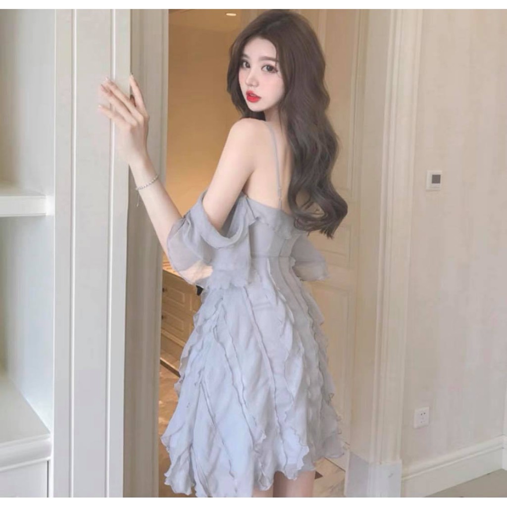 Đầm Tiểu Thư,Vay Tiểu Thư Trễ Vai Gợn Sóng Bồng Bềnh Xinh Xắn Cho Nữ