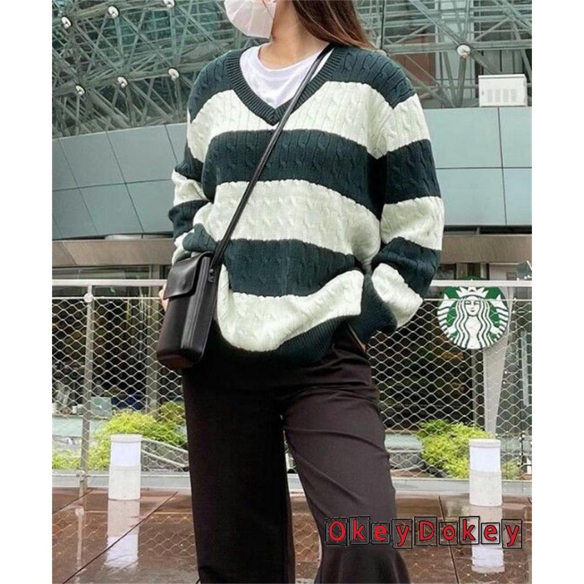 Áo Sweater Dệt Kim Tay Dài Cổ Chữ V Phối Họa Tiết Kẻ Sọc Thời Trang Thu Đông Cho Nữ