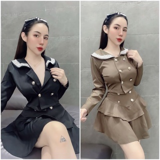 [RẺ VÔ ĐỊCH ] Set Áo Cổ Sen Tay Dài Chân Váy 2 Tầng Đính Nút Sang Trọng Thời Trang Nữ