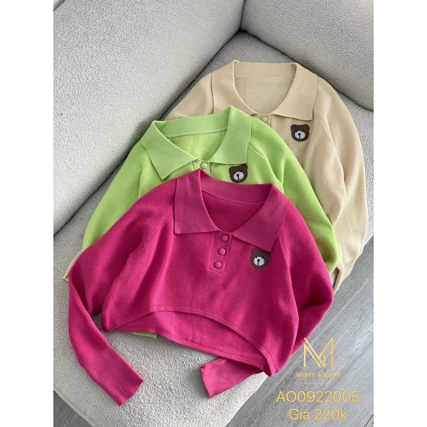Áo len polo croptop thêu gấu tay đai