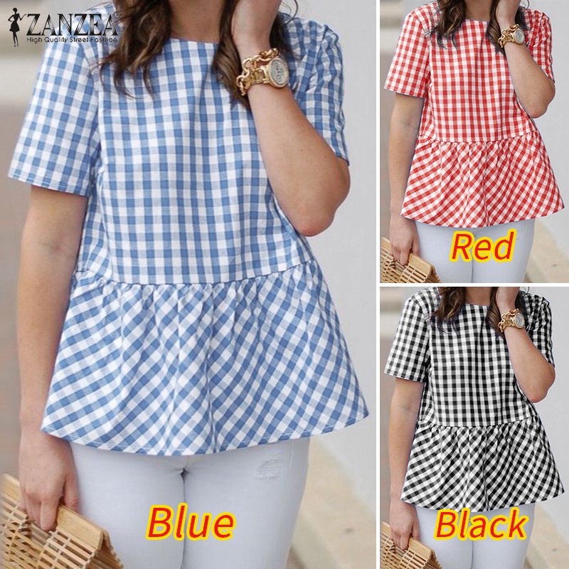 Zanzea Áo Sơ Mi Tay Ngắn Viền Bèo Họa Tiết Sọc Caro Phong Cách Châu Âu Thời Trang