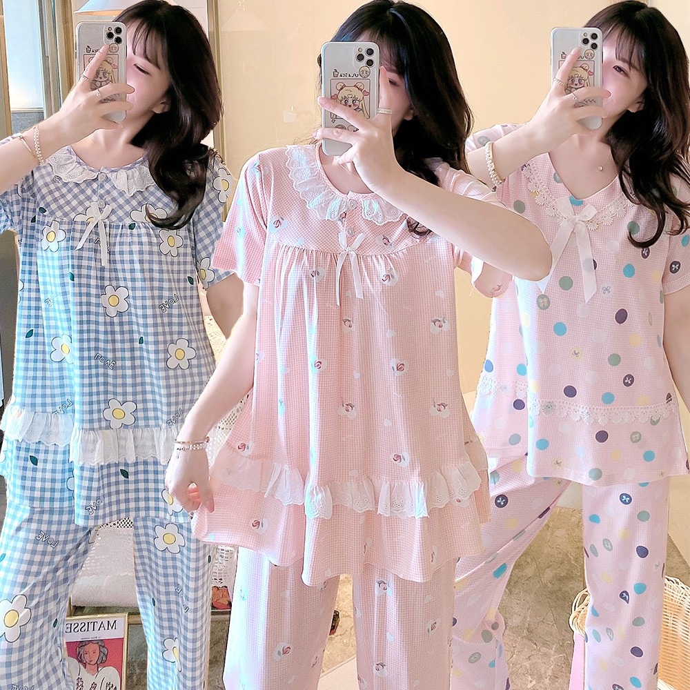 Bình thường cộng với chất béo cộng với kích thước ren ngắn tay đồ ngủ nữ cotton tinh khiết bộ đồ phục vụ tại nhà