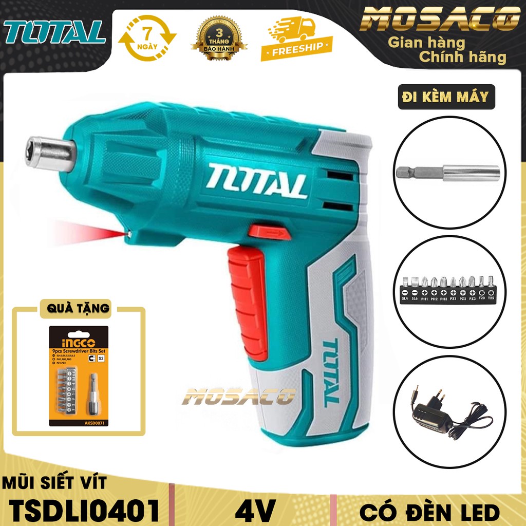 Máy Siết vít dùng pin Lithium 4V TOTAL TSDLI0401 kèm cục sạc 2 giờ, 10 mũi siết vít 25mm, 1 mũi từ