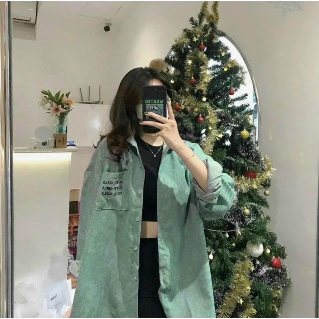 Áo khoác sơ mi nhung tăm in chữ form rộng, chất xịn xò nam nữ mặc đẹp