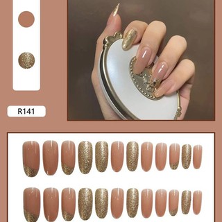 Bộ 24 móng tay giả dáng dài ánh nhũ vàng sành điệu