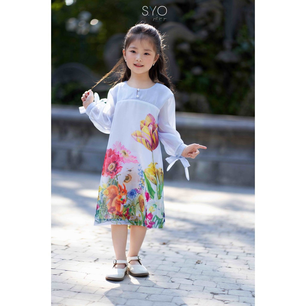 Đầm kid cổ tàu tay bồng in hình con sóc và hoa rừng màu xanh mint SYO A5010