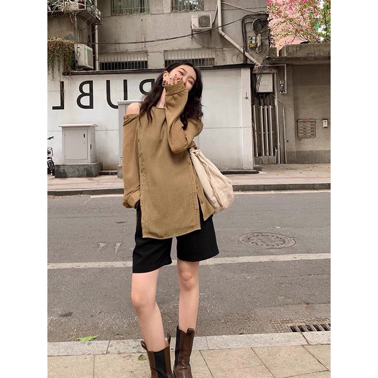 Áo Sơ Mi Trễ Vai Đũi Tơ Cao Cấp Phong Cách Hàn Quốc, Áo sơ mi hottrend ulzzang