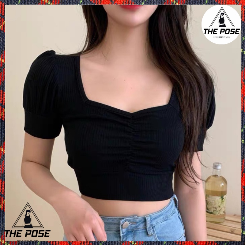 Áo Croptop Nữ Tay Phồng Ngắn Cổ Vuông Nhún Ngực 2 Màu Cơ Bản  THE POSE