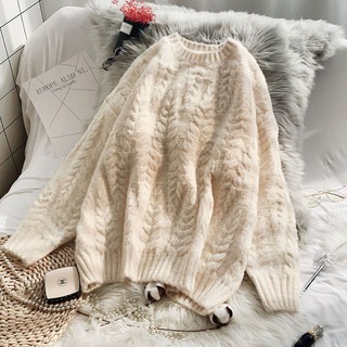 (ORDER) Áo len nữ cổ tròn len vặn thừng hình lúa mạch mềm mịn form rộng một màu đơn giản Hàn Quốc