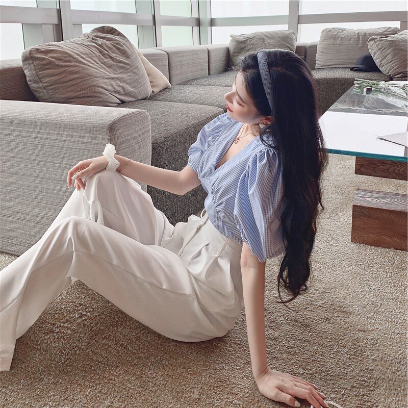 Áo sơ mi caro nhún ngực,tay bồng