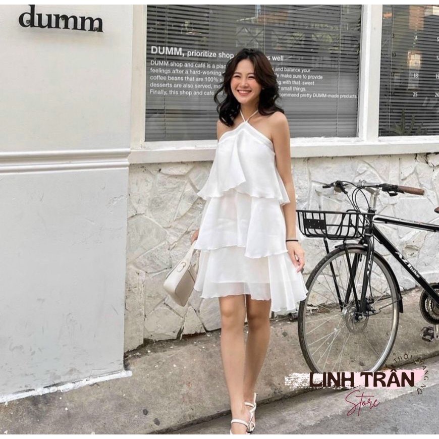 V029 Váy yếm buộc cổ trắng 3 tầng hở vai  Đầm nữ xòe lụa thu hè tiểu thư nữ tính công chúa
