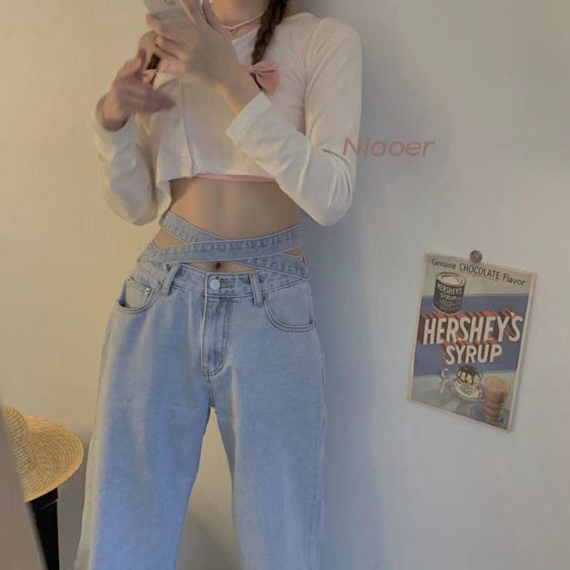 Quần Jeans Dài Lưng Cao Ống Rộng Thời Trang Cho Nữ