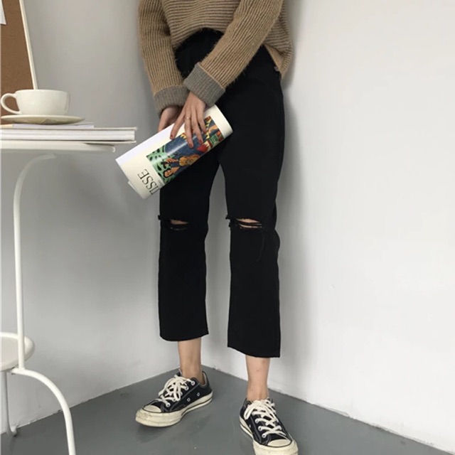 [ SẴN xl đen ] Quần baggy rách gối ulzzang / quần baggy jean suông _ có ảnh thật cuối | BigBuy360 - bigbuy360.vn