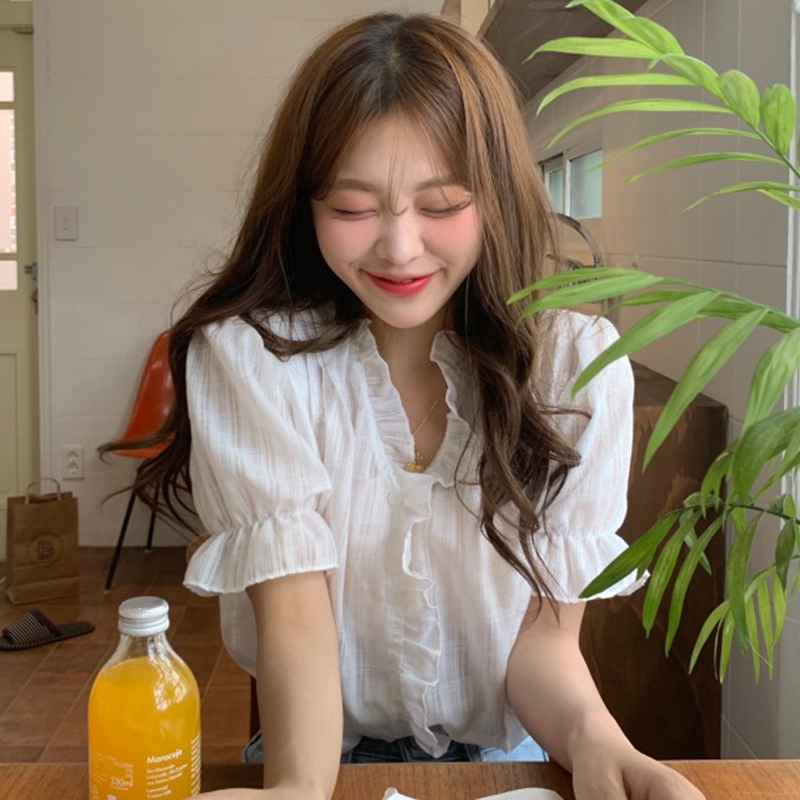 SUXI Áo Kiểu Tay Ngắn Phồng Cổ Chữ V Dáng Rộng Phong Cách Hàn Quốc